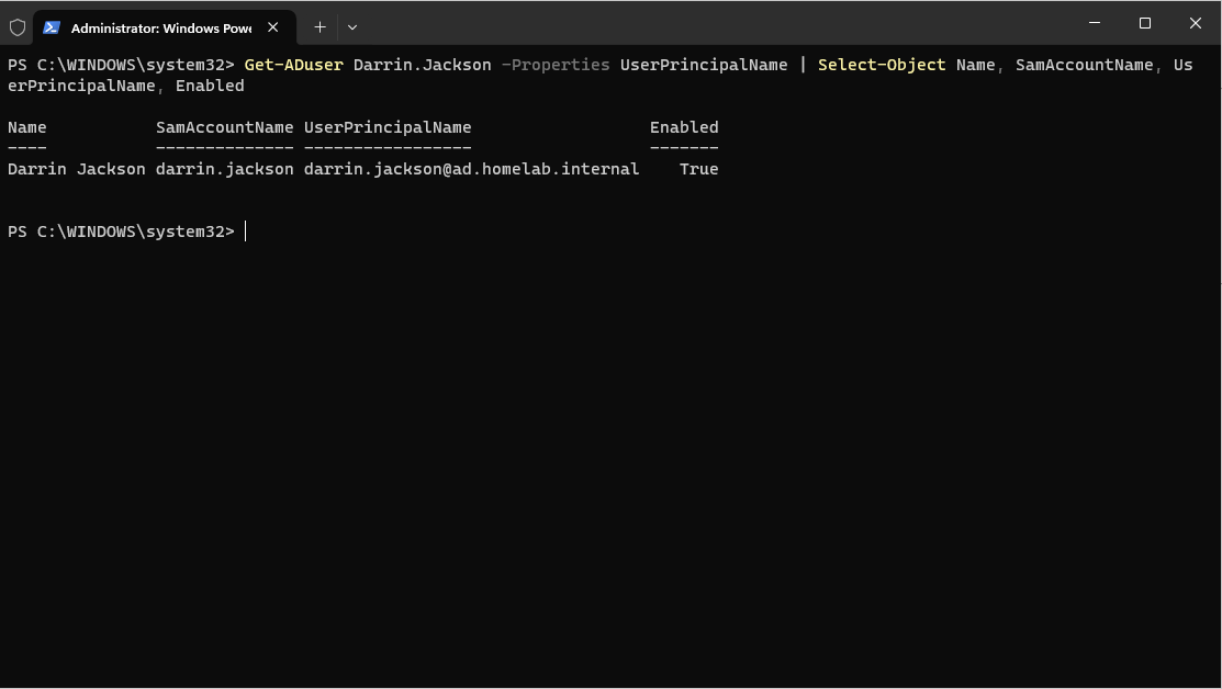 PowerShell Get-ADUser output confirming the provisioned domain account